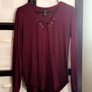 Long Sleeve Lace-Up Neck Tops